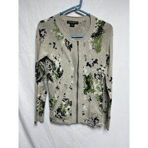 Eddie Bauer Women's Full Zip Cardigan Sweater, Beige, Abstract Floral Print, XS
